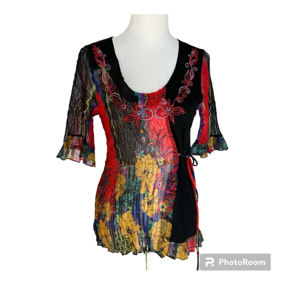 SOLD Alberto Makali Embroidered Top Black Multicolor Floral L - Picture 2 of 10